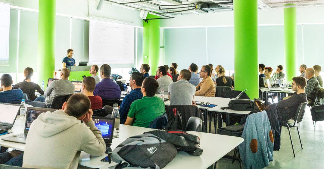 Students in a hall during lecture by Telerik Academy trainer