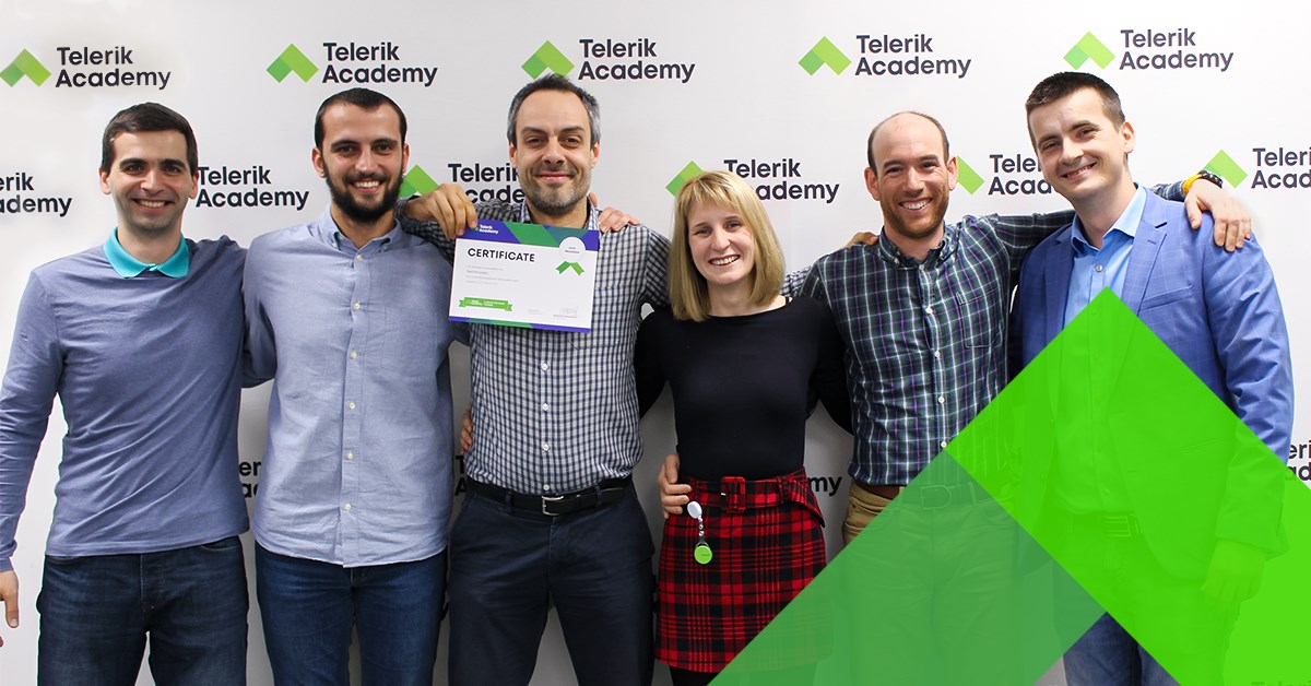 Photos of radi arnaudov, telerik academy alpha graduate with telerik academy trainers