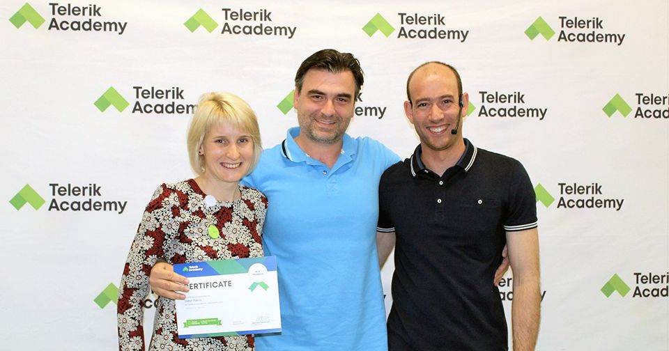 Photos of stefan petrov, telerik academy alpha graduate with telerik academy trainers