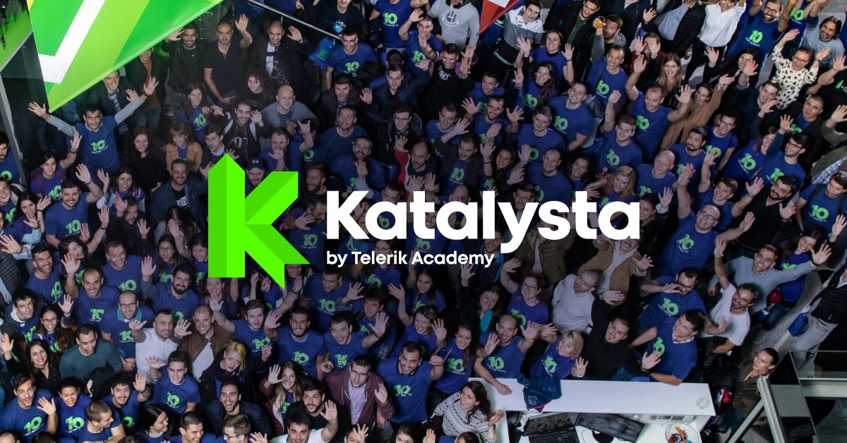 photo of telerik academy graduates with the logo of the new international brand katalysta